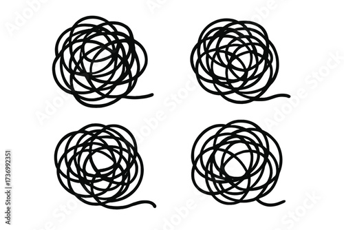 Set of tangled scribble clews. Vector illustration of chaos and confusion. Metaphor for complex problems, anxiety, and messy thoughts. Abstract line art for psychology concept.