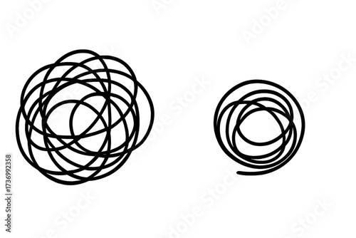 Chaos and order metaphor. Tangled and untangled scribble clew. Problem and solution concept. Messy vs organized mind. Psychology, mental health, therapy, brainstorming process.
