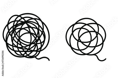 Tangled and untangled thread. Chaos vs order. Messy and tidy. Problem solving. Simplify. Mental health metaphor. Psychology. Anxiety, stress, confusion vs clarity, focus.