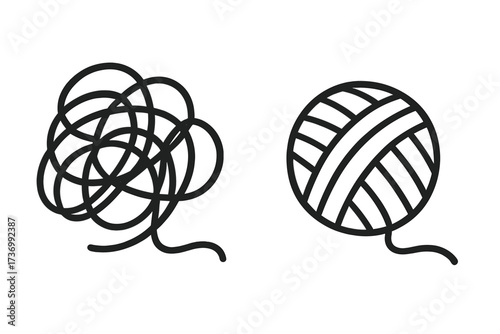 Chaos and order concept. Tangled and untangled thread. Metaphor for problem solving, psychotherapy, and mental clarity. From confusion to solution. Anxiety and stress relief.
