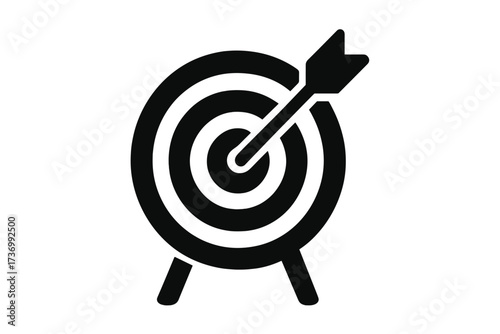 Target icon with arrow in the bullseye. Business goal success, achievement, marketing strategy. Aiming for the objective. Accuracy and focus symbol. Vector illustration.