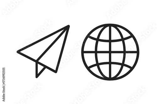 Paper plane and globe icon set. Linear vector illustration for global travel, internet, and communication. World sign for flight, journey, and message concepts. Simple design.