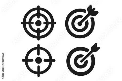 Target icon set. Vector illustration for goal, aim, success, and focus. Bullseye with arrow and crosshair sight symbol. Business strategy, accuracy, and achievement concept.