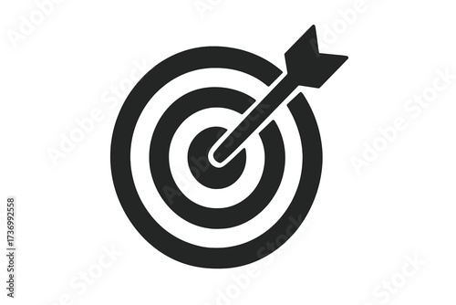 Target with arrow in the center bullseye. Business goal success concept. Marketing strategy and achievement icon. Vector flat illustration. Accurate hit symbol. Objective focus.
