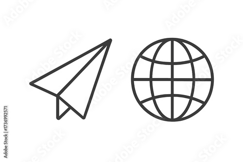 Paper plane with globe icon. Linear vector illustration. Concept for global travel, worldwide communication, message sending, international business, and world tour logistics.