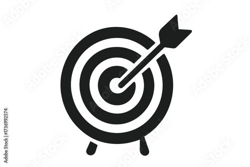 Target with arrow in the bullseye. Business goal achievement concept. Hit the mark. Success strategy symbol. Archery accuracy icon. Black vector silhouette illustration.