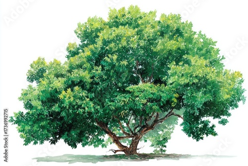 A vibrant, full-crowned tree illustration with lush green leaves and strong brown trunk on white