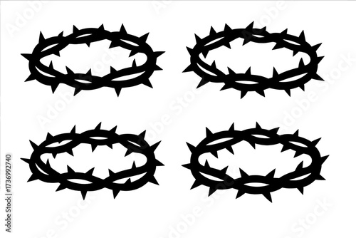 Crown of thorns silhouette set. Jesus Christ passion symbol. Christian religious icon for Easter. Crucifixion, suffering and sacrifice concept. Biblical salvation and faith vector.