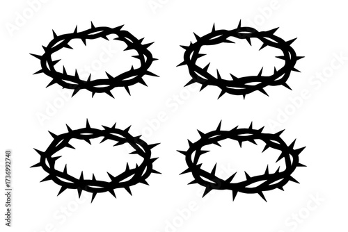 Crown of thorns silhouette vector set. Christian religious symbol of suffering, passion of Jesus Christ. Easter, Lent, Good Friday celebration. Crucifixion, biblical icon.