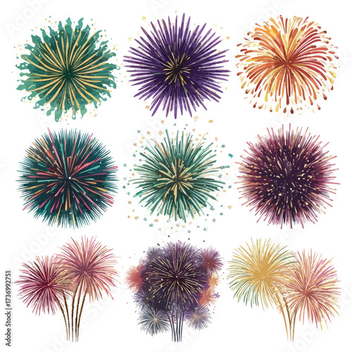 Vibrant silhouette of a fireworks display exploding in the night sky isolated on white background