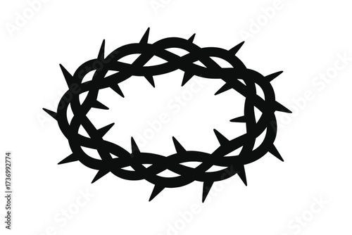 Crown of thorns silhouette. Christian religious symbol of the passion of Jesus Christ. Vector icon for Easter. Metaphor for suffering, sacrifice, faith, salvation, and crucifixion.