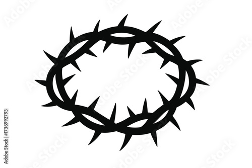 Thorn crown silhouette, a Christian symbol of the passion of Jesus Christ. Represents suffering, crucifixion, and sacrifice. Vector icon for Easter and religious faith concepts.