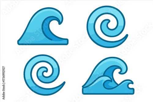 Set of blue wave icons in a simple cartoon style. Vector graphic of ocean and sea waves, water swirls, and surf symbols. Aqua flow, tidal current, and splash design elements.