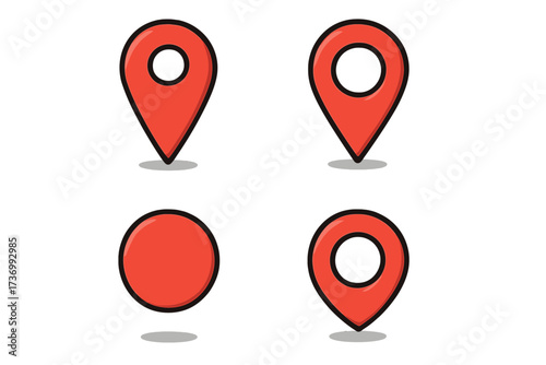 Cartoon red location pin and pointer icon set, GPS map marker, navigation point, vector illustration with transparent background, tracking symbol, position highlight, destination concepts