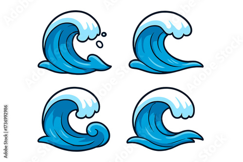Wave icon set. Ocean sea water symbol collection. Cartoon surf swirl logo. Vector illustration isolated. Blue aqua marine flow. Nature element design. Splash tidal wave sign.