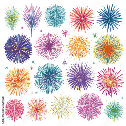 Vibrant abstract fireworks exploding in a colorful silhouette against a clean white background isolated on white background