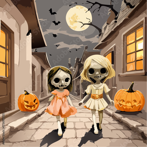 storybook zombie kids trick-or-treat cobblestone street poster vector for family events