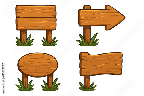 Set of wooden signboards and signposts. Cartoon vector illustration of empty wood planks and arrow signs with grass. Blank rustic billboard for direction or information.