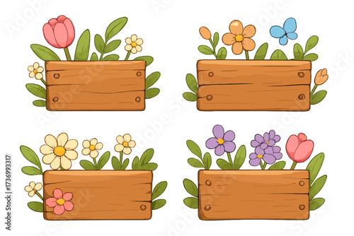 Wooden signboard collection with spring flowers. Set of rustic blank signs for text. Cute cartoon floral banners for garden, easter, and nature themes. Vector illustration.