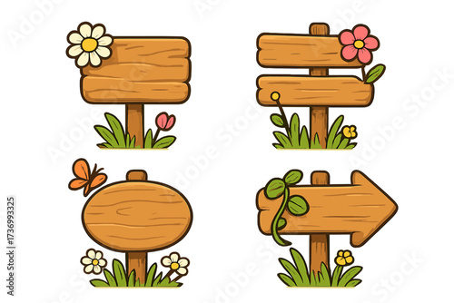 Set of cute cartoon wooden signs. Spring summer theme collection with flowers, grass, butterfly. Blank wood signboards and arrow pointer for rustic banners. Vector illustration.