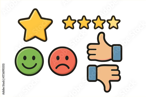 Customer satisfaction rating icons set. Feedback rating vector illustration with stars, thumbs up and down, smiley face, sad face. Review emoji collection, transparent background, evaluation symbols.