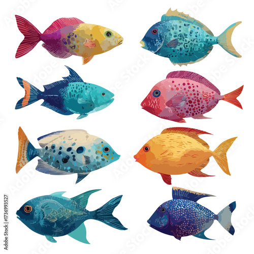 Collection of diverse fish silhouettes in various poses isolated on a clean white background isolated on white background