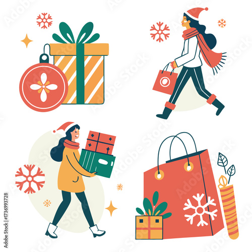 Christmas shopping and gift giving flat illustration set Keywords: christmas, gift, present, shopping