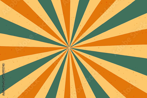 Retro sunburst rays background vector illustration. Vintage cartoon starburst pattern with orange, teal and beige colors. Grunge textured abstract radial beam backdrop for pop art or comic design.
