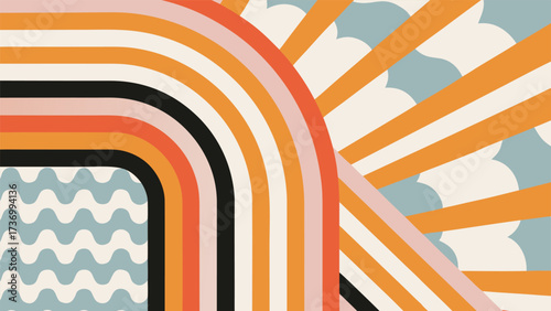 Retro 70s Groovy Background with Rainbow and Sun