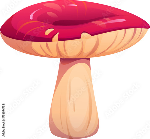 Cartoon autumn fall season russule mushroom with a wide, flat red cap. Isolated vector ripe and raw forest fungus. Wild plant, natural ingredient, mycology species, forest vegetation