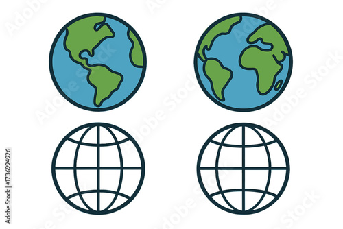 Earth Globe Icons Collection. Cartoon and Linear Styles. Vector Illustration Set. Flat Globe Symbols. World Map Concepts. Global International Design Elements. Isolated Transparent Backgrounds.