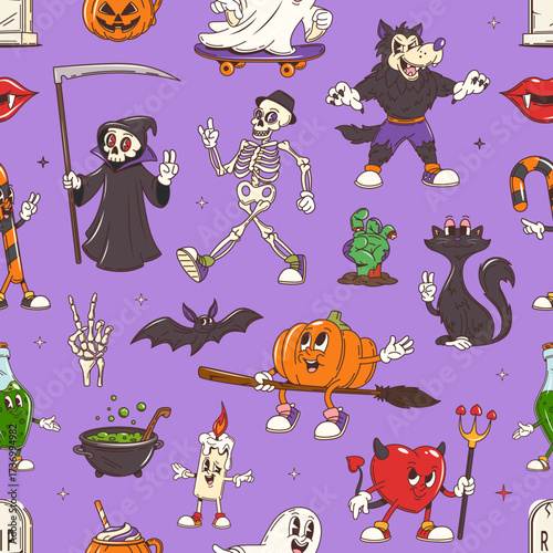 Groovy Halloween characters seamless pattern with pumpkin on broom, grim reaper, werewolf, vampire teeth, bat, cauldron and creepy hands. Skeleton, zombie arm or black cat. Vector cute tile background