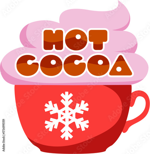 Christmas hot cocoa Y2K funky sticker or label. Happy Christmas funky Y2K patch, Xmas celebration groovy vector label. Winter holiday festive sticker or tag with red mug of hot cocoa and cream