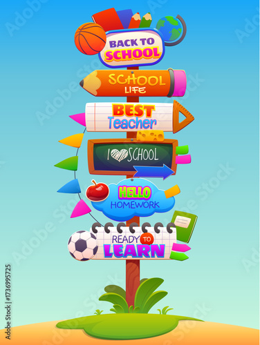 Cartoon school sign board, education signage. Vector signpost with pointers back to school, best teacher, hello homework, ready to learn. Signboard decorated with school supplies and sports equipment
