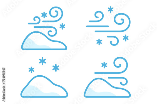 Snow drift weather symbol set. Winter wind, snowstorm and blizzard icon collection. Flat cartoon vector illustration. Blue line art snowdrift with wind gust, snowflake, winter season weather forecast.