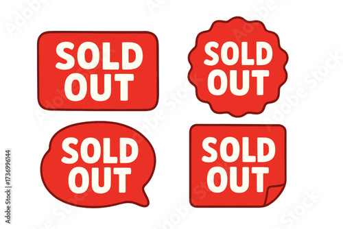 Sold out badges collection, sale stickers set, retail promotion labels, out of stock icons, red cartoon vector illustration, marketing signage, transparent background, web store alert