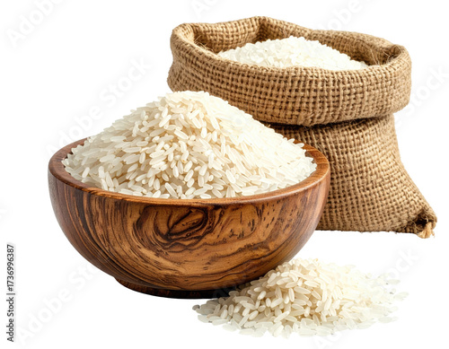 White rice in a wooden bowl and burlap sack