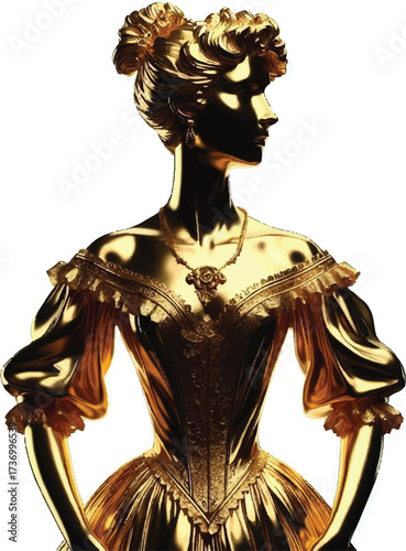 A golden statue of a woman with an elaborate dress, necklace, and hair updo stands against a white background, exhibiting a historical and elegant style.