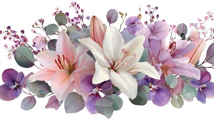 Elegant floral arrangement with lilies, other blooms, eucalyptus leaves, in pastel colors