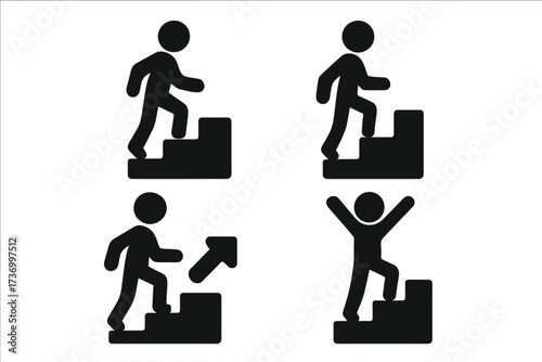 Success achievement steps icon set. Silhouette people climbing stairs, step by step progress. Motivation, growth, challenge, goal reaching, career development icons. Vector illustration isolated.