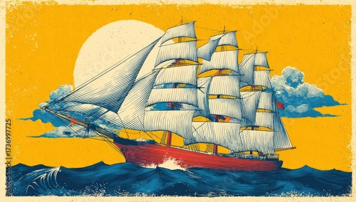 A vintage-style illustration of a tall ship sailing on a choppy sea with a sunlit sky