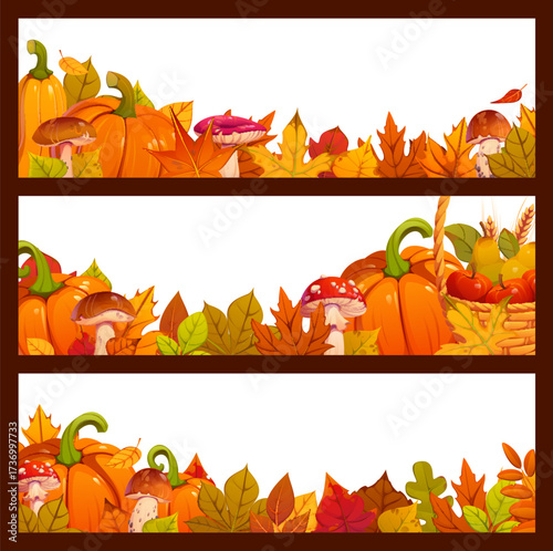 Happy Thanksgiving holiday and autumn harvest banners. Vector horizontal frame templates with ripe pumpkins, forest mushrooms, fallen leaves and harvest baskets. Festive fall season borders