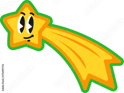 Christmas shooting star character Y2K groovy sticker or patch. Happy New Year celebration 60s Y2K sticker, winter holiday vector patch. Christmas label with comet or shooting star cute personage