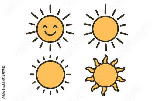 Hand drawn sun icon set vector illustration collection, cartoon yellow suns with rays, smiling and plain sun faces, decorative doodle sun shapes, transparent background, playful weather symbol