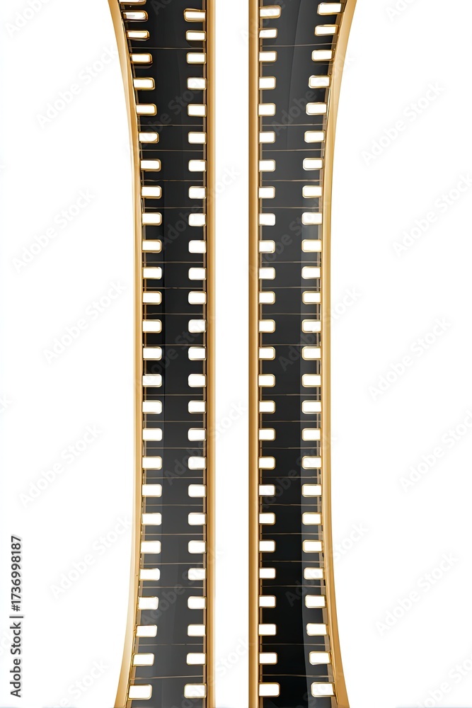 Fototapeta premium Two vertically aligned strips of negative film with black frames, curved on gold