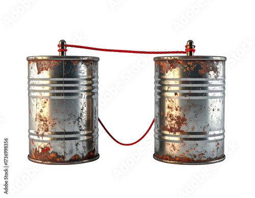 Two rusty tin cans connected by a red string