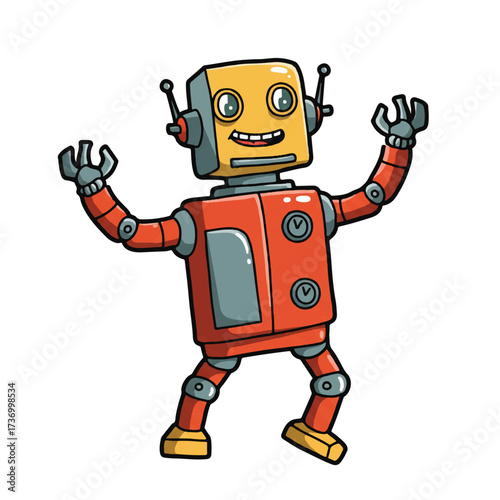 A funky retro robot toy in a happy dancing pose, presented as a vibrant 2D flat cartoon illustration on a clean white background, exuding joy and vintage charm.