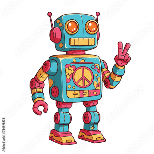 A vibrant 2D flat design illustration features a cheerful, funky robot toy adorned with psychedelic colors, happily displaying a peace sign against a clean white background.