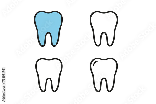 Dental tooth icon collection. Cartoon and outline tooth symbols. Clean white and blue tooth shapes. Dental care, oral hygiene, dentist, healthy teeth. Flat vector icon set on transparent background.