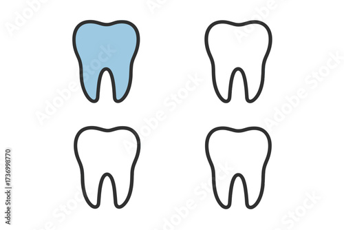 Dental teeth icon set, linear and flat tooth illustrations, dental care symbol, cartoon vector, clean white and blue teeth, tooth outline collection, transparent background, oral health concept